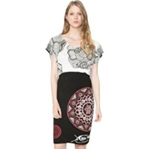 Desigual Dress Embroidered Black and Red Patterned Pencil Skirt Embroidery